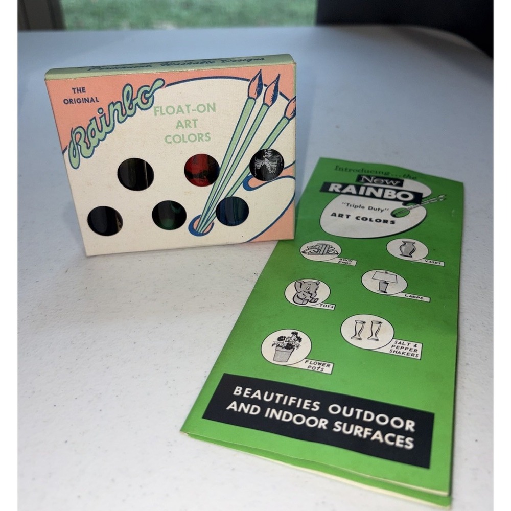 Vintage Rainbo Float-On Colors Paint Set W/ Box, Instruction Booklet & 6 Colors